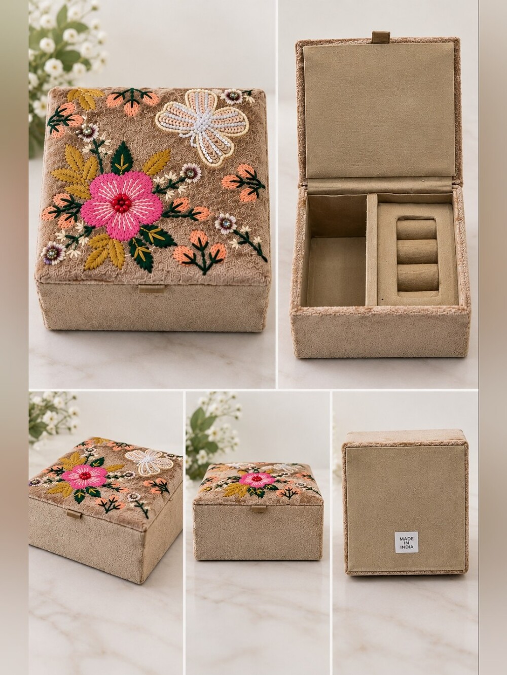 Vintage Indian Embroidered Jewelry Box Floral Beaded Ring Holder Made in India